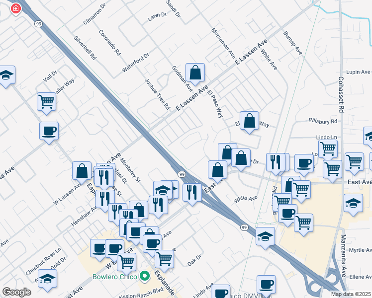 map of restaurants, bars, coffee shops, grocery stores, and more near 166 Tom Polk Circle in Chico