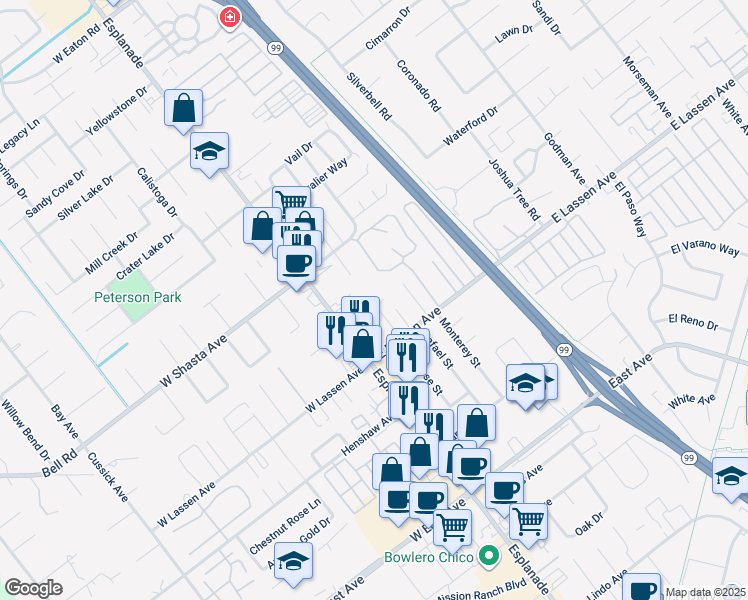 map of restaurants, bars, coffee shops, grocery stores, and more near 2904 Esplanade in Chico