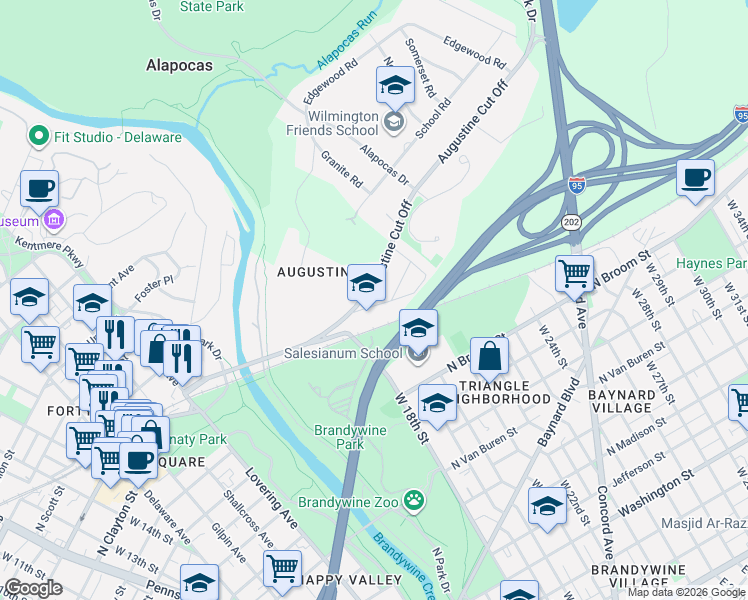 map of restaurants, bars, coffee shops, grocery stores, and more near 4 Augustine Cut Off in Wilmington