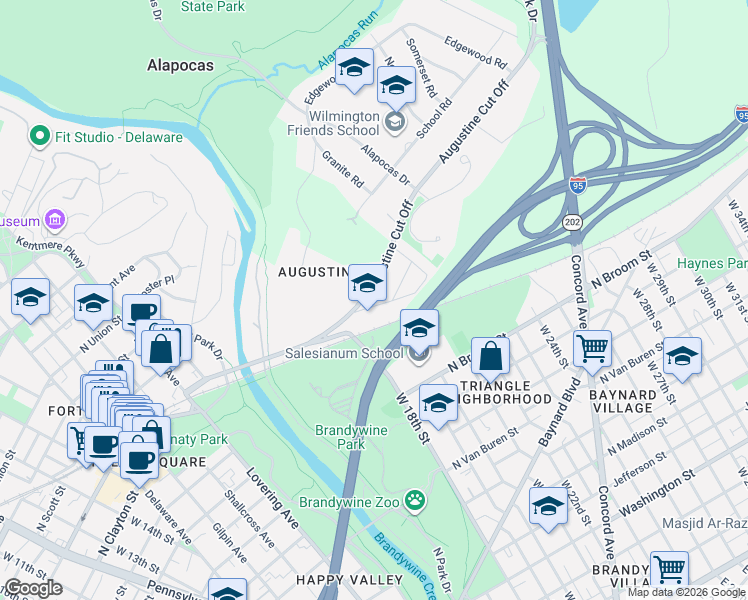 map of restaurants, bars, coffee shops, grocery stores, and more near 4 Augustine Cut Off in Wilmington