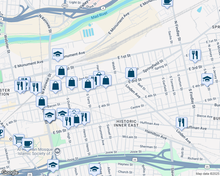 map of restaurants, bars, coffee shops, grocery stores, and more near in Dayton