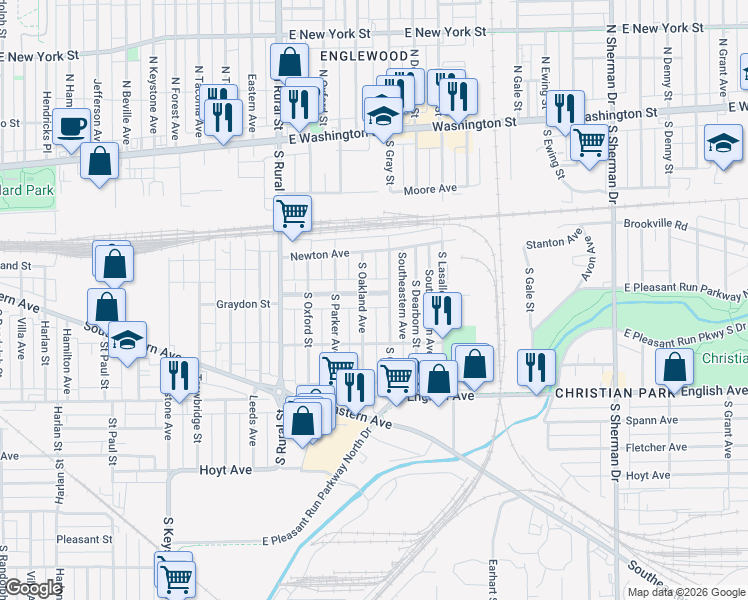 map of restaurants, bars, coffee shops, grocery stores, and more near 3050 Meredith Avenue in Indianapolis