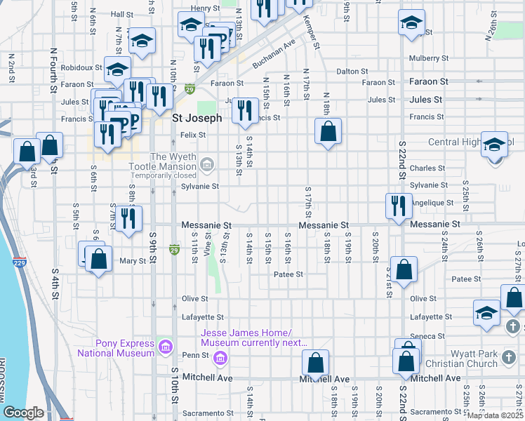 map of restaurants, bars, coffee shops, grocery stores, and more near 501 South 15th Street in Saint Joseph