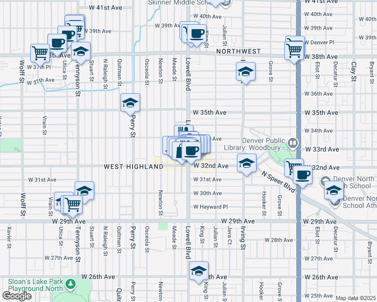 map of restaurants, bars, coffee shops, grocery stores, and more near 3251 Lowell Boulevard in Denver