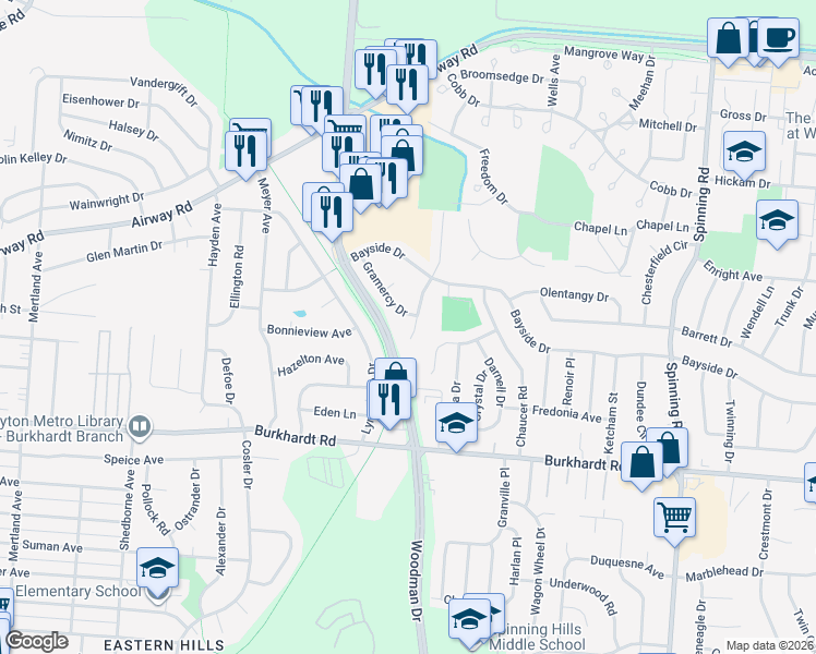 map of restaurants, bars, coffee shops, grocery stores, and more near 346 Orinoco Street in Dayton