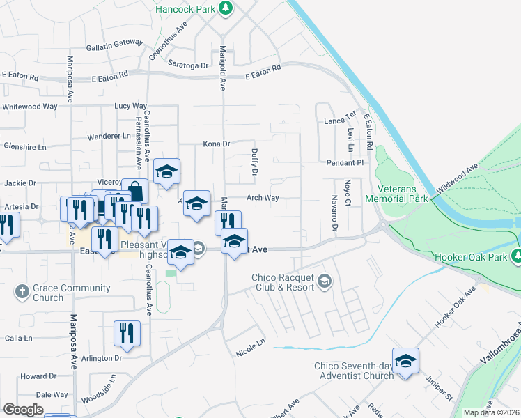 map of restaurants, bars, coffee shops, grocery stores, and more near 2 Cardiff Court in Chico