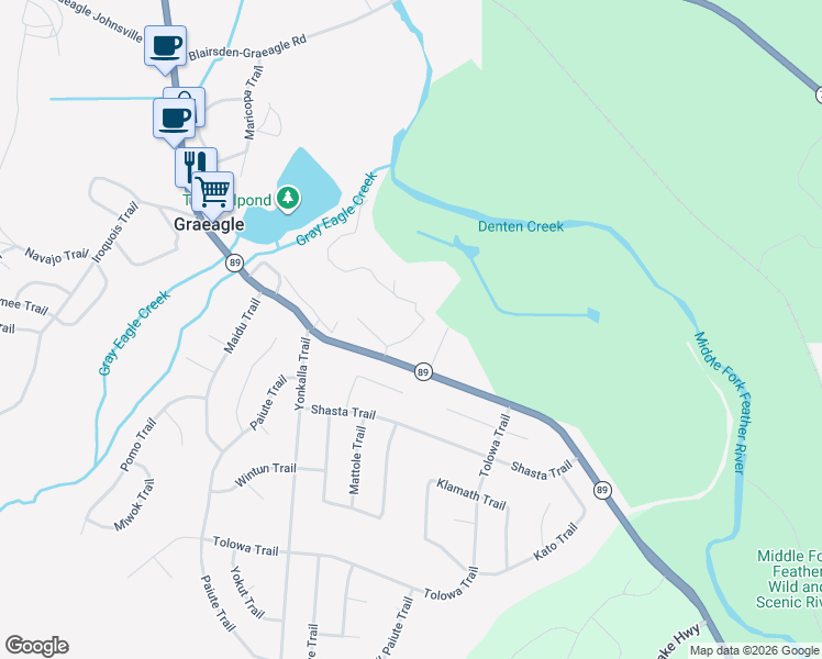 map of restaurants, bars, coffee shops, grocery stores, and more near Graeagle Meadows Road in Graeagle