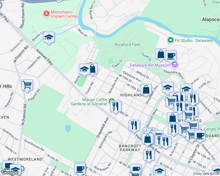 map of restaurants, bars, coffee shops, grocery stores, and more near 2602 West 17th Street in Wilmington