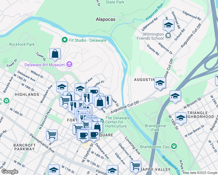 map of restaurants, bars, coffee shops, grocery stores, and more near 2301 Riddle Avenue in Wilmington