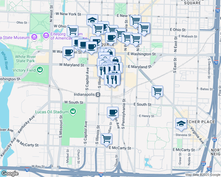 map of restaurants, bars, coffee shops, grocery stores, and more near 250 South Meridian Street in Indianapolis