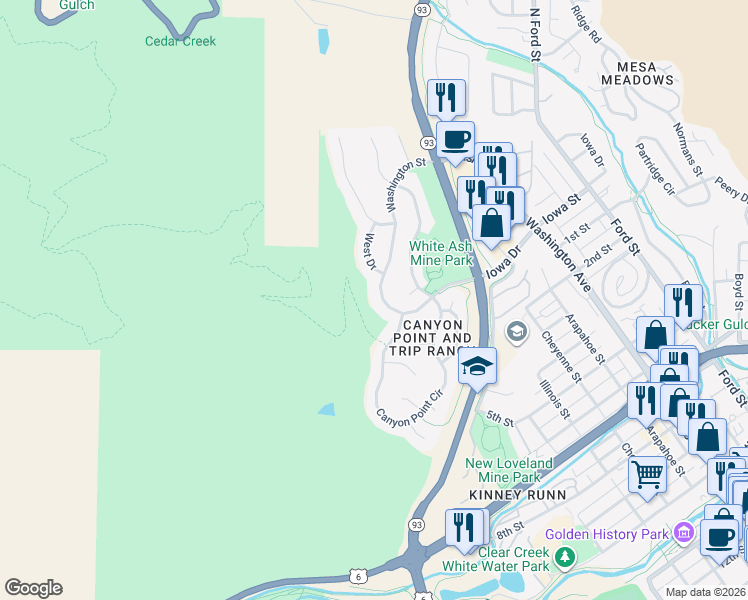 map of restaurants, bars, coffee shops, grocery stores, and more near 180 Washington Street in Golden