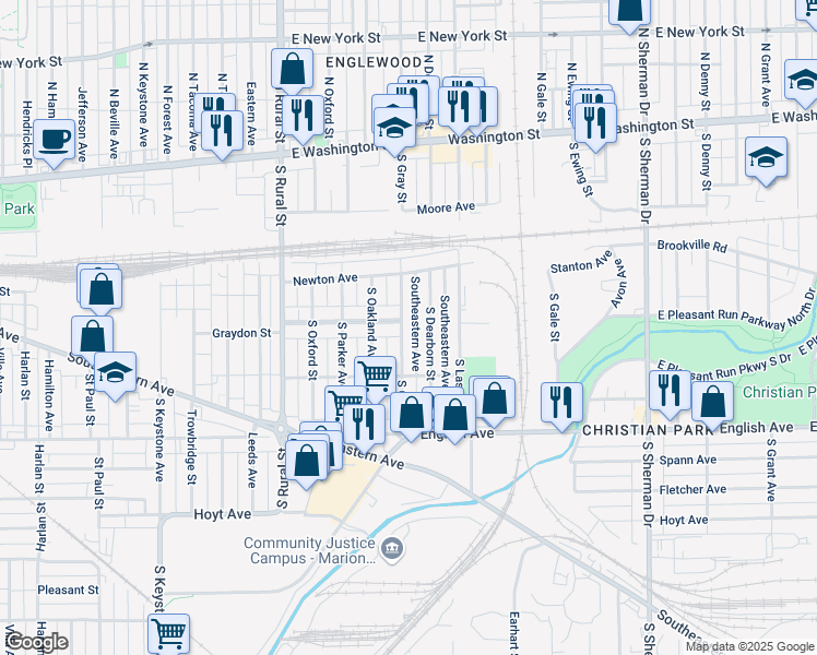 map of restaurants, bars, coffee shops, grocery stores, and more near 307 South Gray Street in Indianapolis