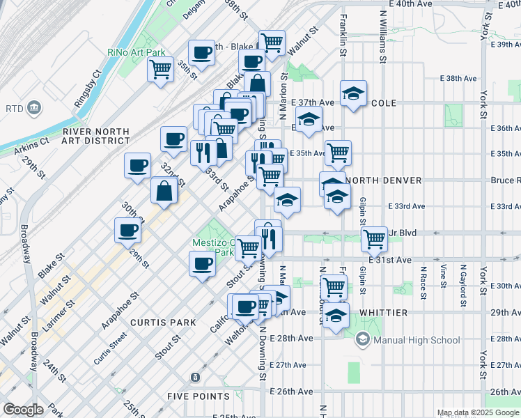 map of restaurants, bars, coffee shops, grocery stores, and more near 3300 North Downing Street in Denver