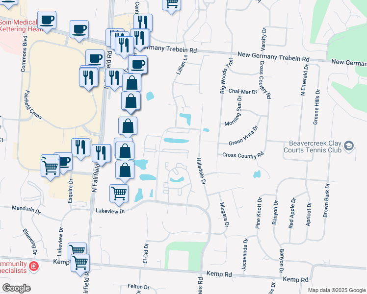 map of restaurants, bars, coffee shops, grocery stores, and more near 3044 Westminster Drive in Beavercreek