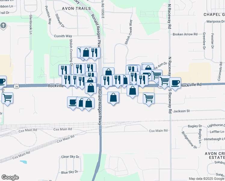 map of restaurants, bars, coffee shops, grocery stores, and more near 10595 East US Highway 36 in Avon