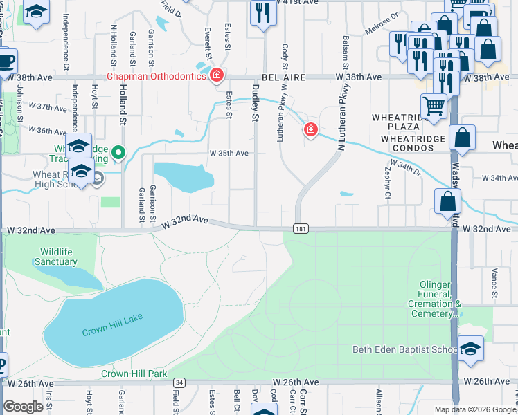 map of restaurants, bars, coffee shops, grocery stores, and more near 8631 West 32nd Place in Wheat Ridge