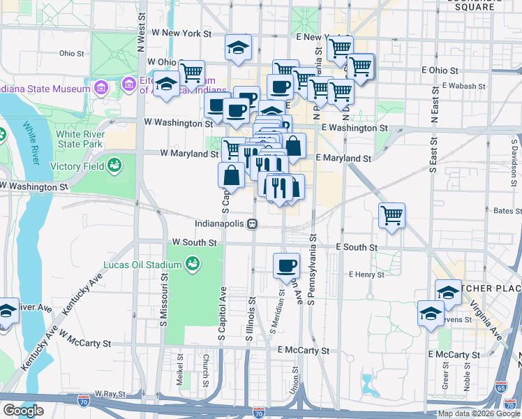 map of restaurants, bars, coffee shops, grocery stores, and more near 39 West Jackson Place in Indianapolis