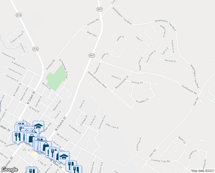 map of restaurants, bars, coffee shops, grocery stores, and more near 8341 Sheffield Manor Boulevard in Waynesboro