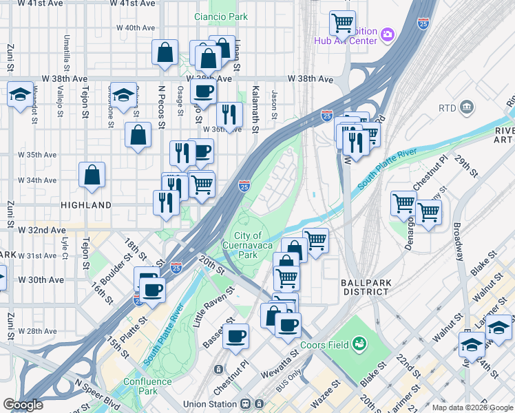map of restaurants, bars, coffee shops, grocery stores, and more near 3500 Rockmont Drive in Denver
