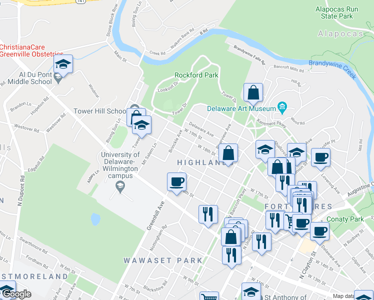 map of restaurants, bars, coffee shops, grocery stores, and more near 1701 Greenhill Avenue in Wilmington