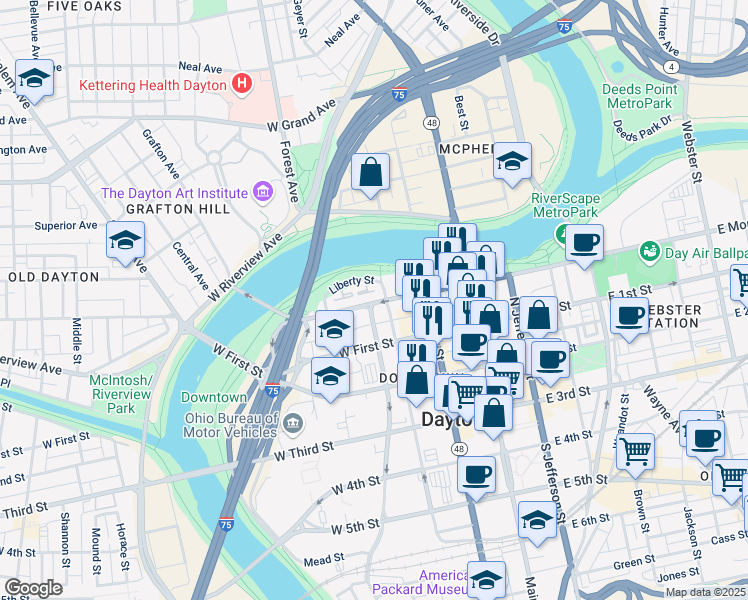 map of restaurants, bars, coffee shops, grocery stores, and more near 215 West Monument Avenue in Dayton