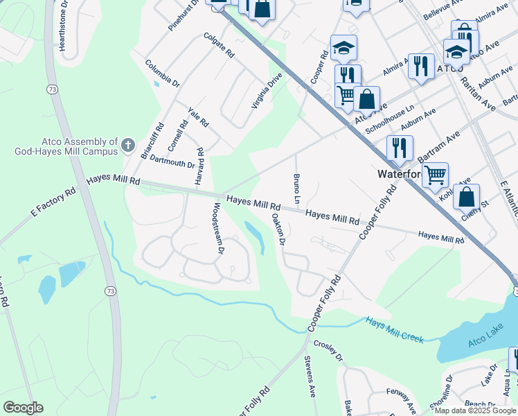 map of restaurants, bars, coffee shops, grocery stores, and more near 147 Hayes Mill Road in Atco