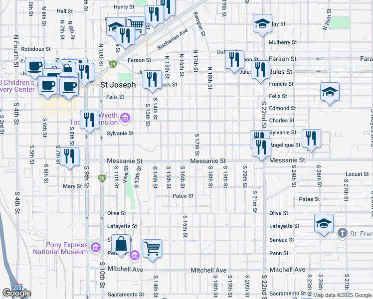 map of restaurants, bars, coffee shops, grocery stores, and more near 1607 Angelique Street in Saint Joseph