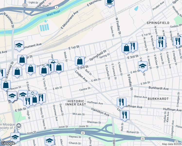 map of restaurants, bars, coffee shops, grocery stores, and more near 14 Sander Court in Dayton