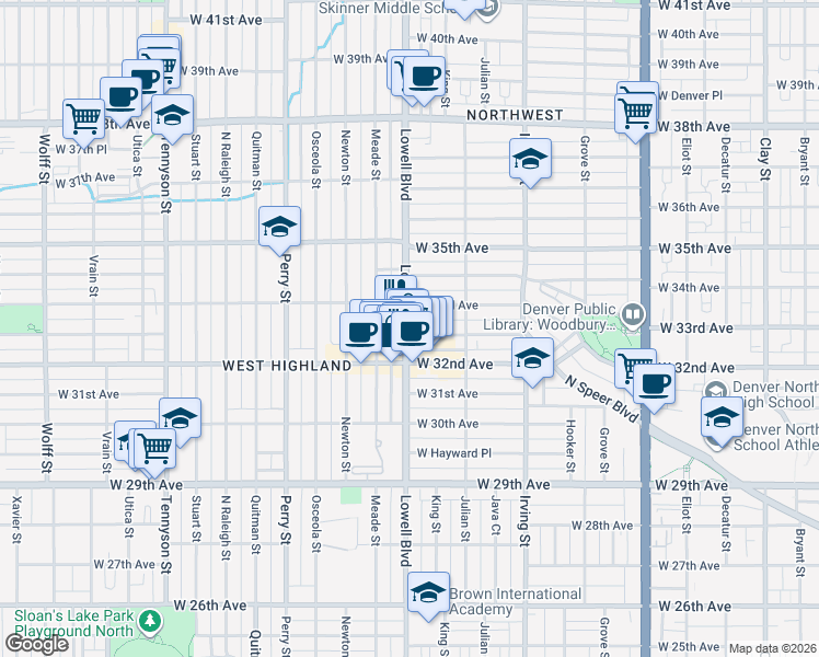 map of restaurants, bars, coffee shops, grocery stores, and more near 3494 West 33rd Avenue in Denver