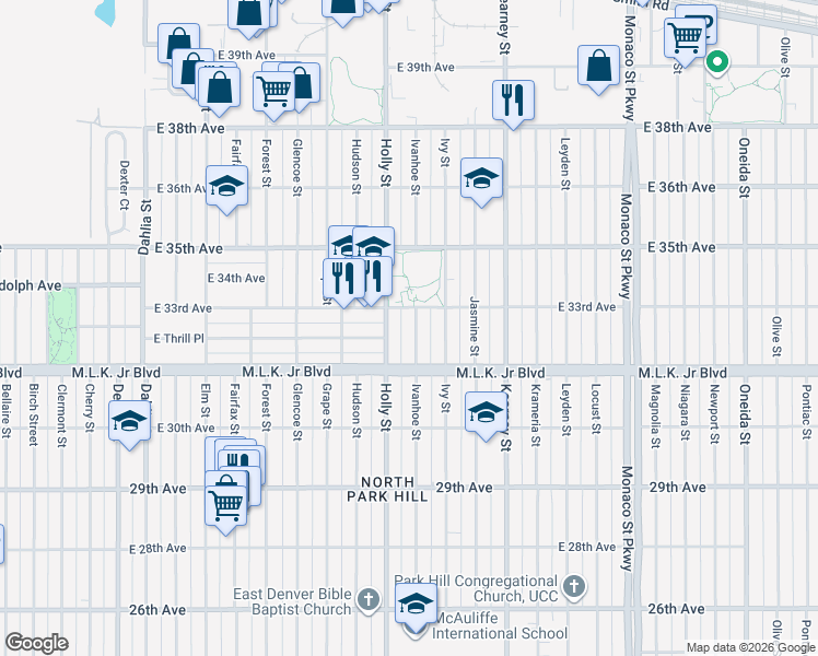 map of restaurants, bars, coffee shops, grocery stores, and more near 3280 Holly Street in Denver