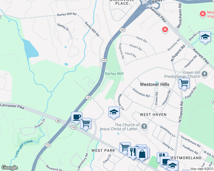 map of restaurants, bars, coffee shops, grocery stores, and more near 714 Walkers Mill Lane in Wilmington