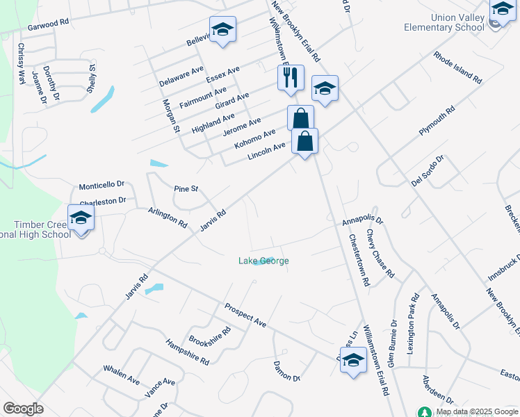 map of restaurants, bars, coffee shops, grocery stores, and more near 8 Debbie Place in Camden County