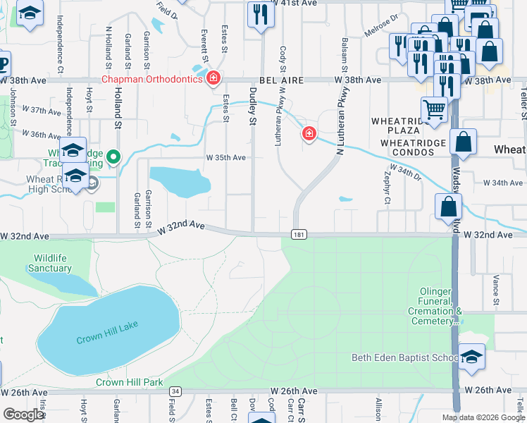 map of restaurants, bars, coffee shops, grocery stores, and more near 8631 West 32nd Place in Wheat Ridge