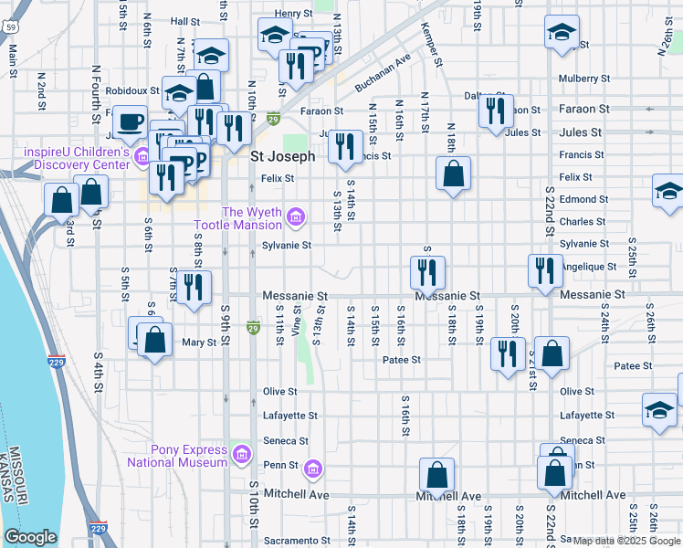 map of restaurants, bars, coffee shops, grocery stores, and more near 1205 Angelique Street in Saint Joseph