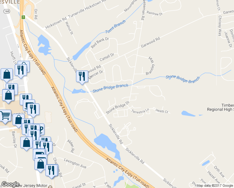 map of restaurants, bars, coffee shops, grocery stores, and more near 208 Keats Court in Sicklerville