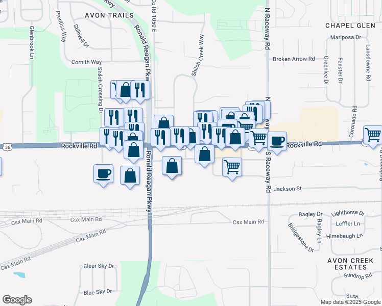 map of restaurants, bars, coffee shops, grocery stores, and more near 10651 East US Highway 36 in Avon