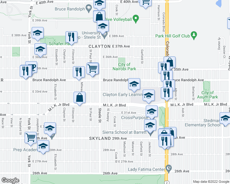 map of restaurants, bars, coffee shops, grocery stores, and more near 3300 Cook Street in Denver