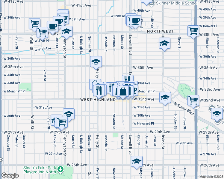 map of restaurants, bars, coffee shops, grocery stores, and more near 3279 Newton Street in Denver
