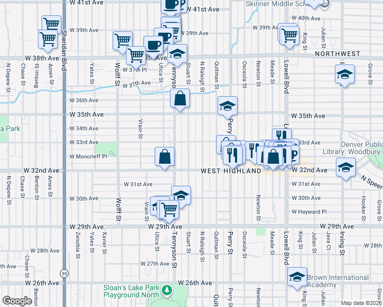 map of restaurants, bars, coffee shops, grocery stores, and more near 3277 Raleigh Street in Denver