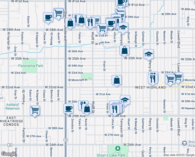 map of restaurants, bars, coffee shops, grocery stores, and more near 4703 West Moncrieff Place in Denver