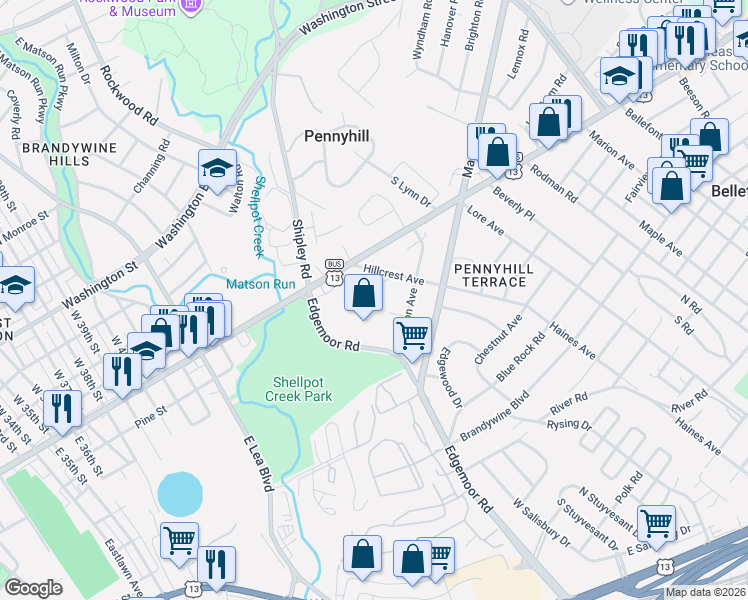 map of restaurants, bars, coffee shops, grocery stores, and more near 9 Wier Avenue in Wilmington
