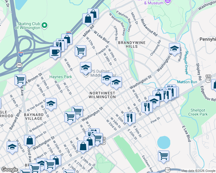 map of restaurants, bars, coffee shops, grocery stores, and more near 501 Barrett Street in Wilmington