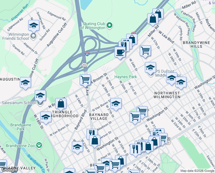 map of restaurants, bars, coffee shops, grocery stores, and more near in Wilmington