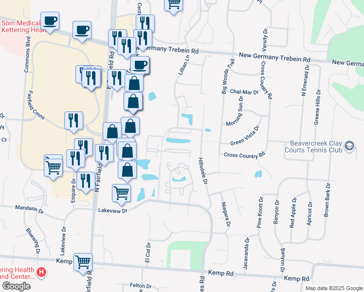 map of restaurants, bars, coffee shops, grocery stores, and more near 3085 Cumberland Lane in Beavercreek