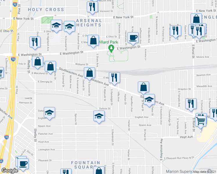 map of restaurants, bars, coffee shops, grocery stores, and more near 1904 Southeastern Avenue in Indianapolis