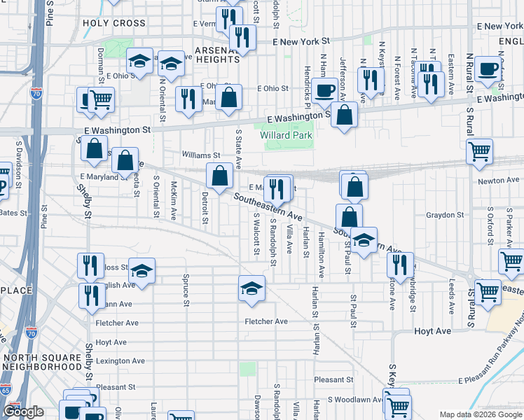 map of restaurants, bars, coffee shops, grocery stores, and more near 1904 Southeastern Avenue in Indianapolis