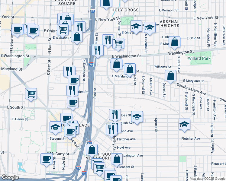 map of restaurants, bars, coffee shops, grocery stores, and more near 1015 East Georgia Street in Indianapolis