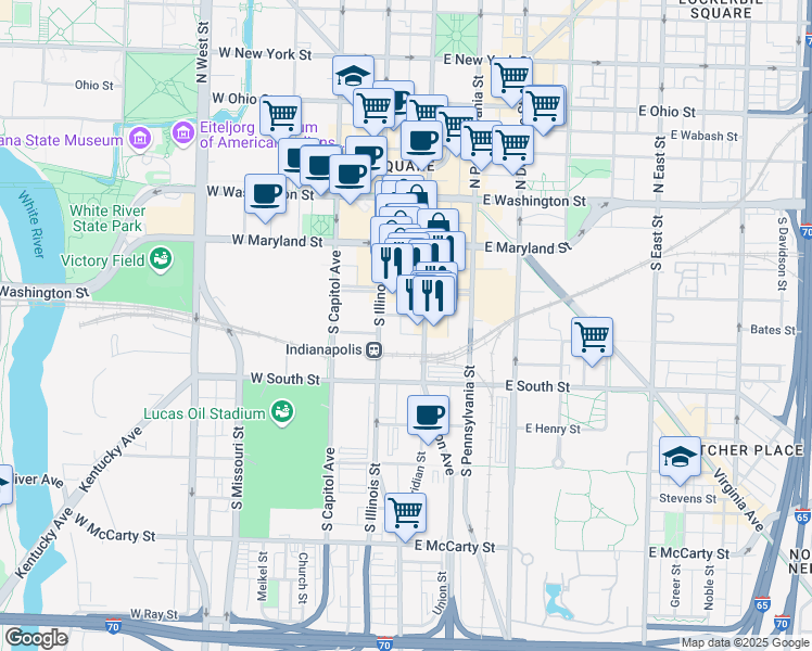 map of restaurants, bars, coffee shops, grocery stores, and more near 234 South Meridian Street in Indianapolis