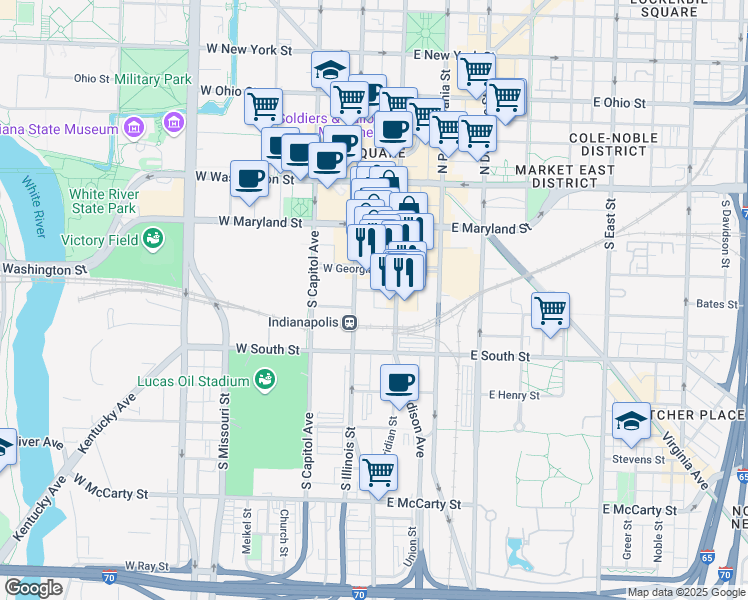 map of restaurants, bars, coffee shops, grocery stores, and more near 255 S McCrea Street in Indianapolis