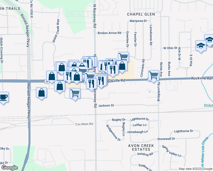 map of restaurants, bars, coffee shops, grocery stores, and more near 9149 Rockville Road in Indianapolis